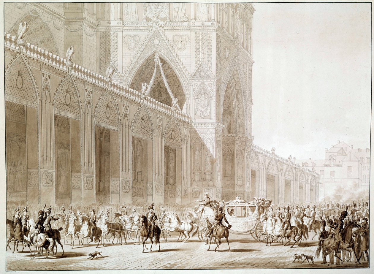 A chegada em carroça do Imperador Napoleão I (1769-1821) e Impressionar Josefina de Beauharnais (1763-1814) na Catedral Notre Dame de Paris no Dia da Gravura Sagrada depois de "O Livro do Sagrado" de Jean Baptiste Isabey (1767-1855) Século XIX de Jean Baptiste (after) Isabey