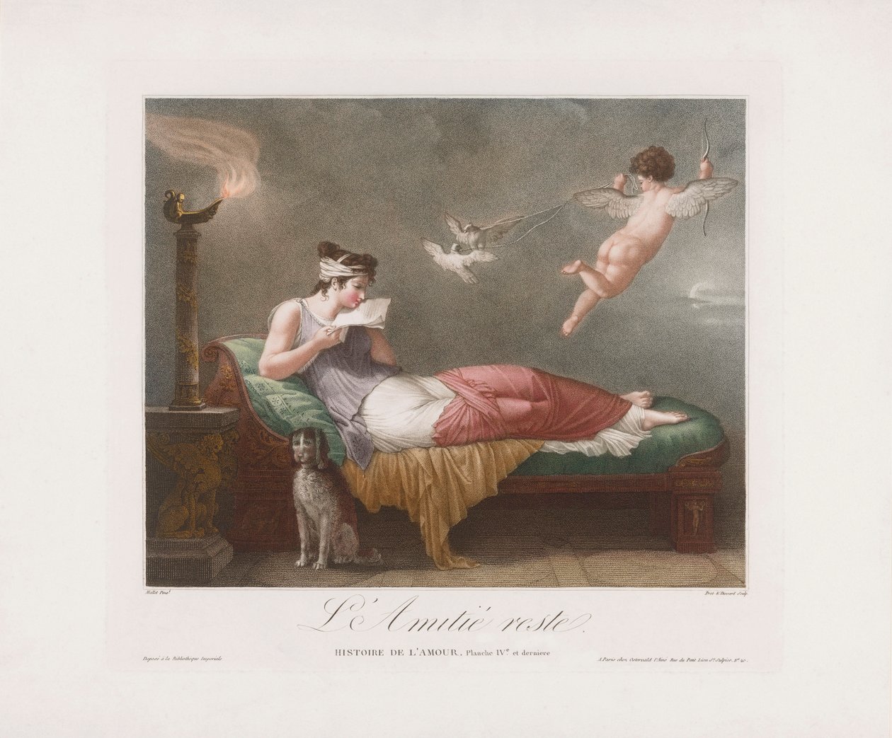 Cupido entrega uma carta de amor. Século XIX (impressão) de Jean Baptiste (after) Mallet