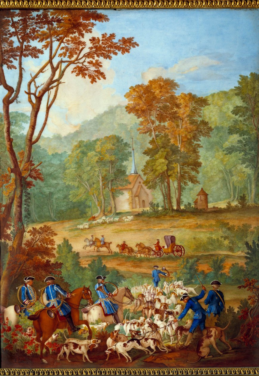 Placa representando as caçadas de Luís XVI (1754-1793): "A matilha de cães comuns indo para o encontro na floresta de Compiegne" Porcelana de Philippe Castel (ca. 1746-1797) de Jean Baptiste Oudry (1686-1755) 1778-1781 Dim. 0,39x0,49 m de Jean Baptiste (after) Oudry