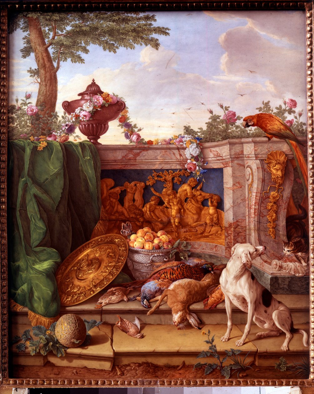 Placa representando as caçadas de Luís XVI (1754-1793): detalhe representando uma caça ao cão. Pintura em porcelana de Philippe Castel (ca. 1746-1797) de Jean Baptiste Oudry (1686-1755) 1778-1781 Sol. 0,39x0,49 m Versailles, musee du chateau. de Jean Baptiste (after) Oudry