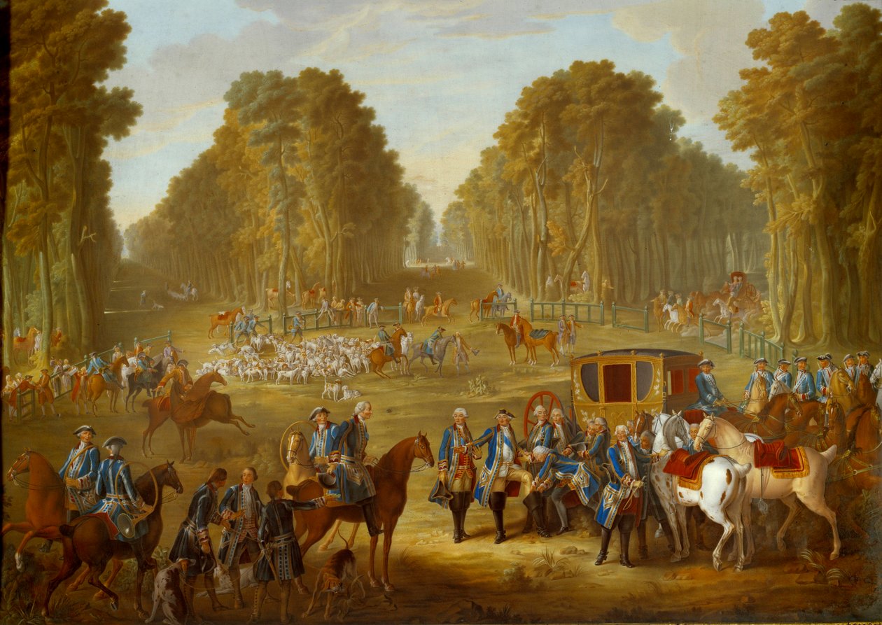 Placa representando as caçadas de Luís XVI: o encontro no cruzamento do poço do Roi, na floresta de Compiegne. Pintura em porcelana macia de Nicolas Pierre Pithou l