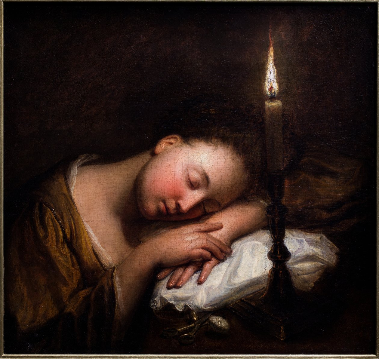 Jovem rapariga a dormir à luz das velas de Jean Baptiste (after) Santerre