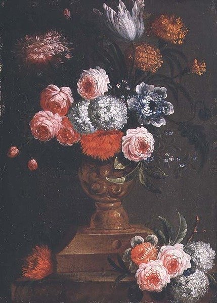 Túlipas, Calêndulas, Viburnum, Esqueçam-me, Rosas e outras Flores numa Urna de Jean Baptiste (attr. to) Bosschaert