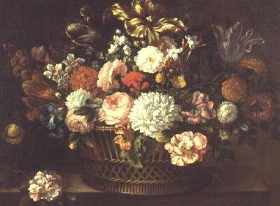 Peônias, tulipas, narcisos e outras flores em uma cesta de Jean Baptiste (attr. to) Monnoyer