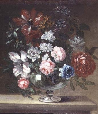 Rosas, tulipas e outras flores num vaso de Jean Baptiste (follower of) Monnoyer