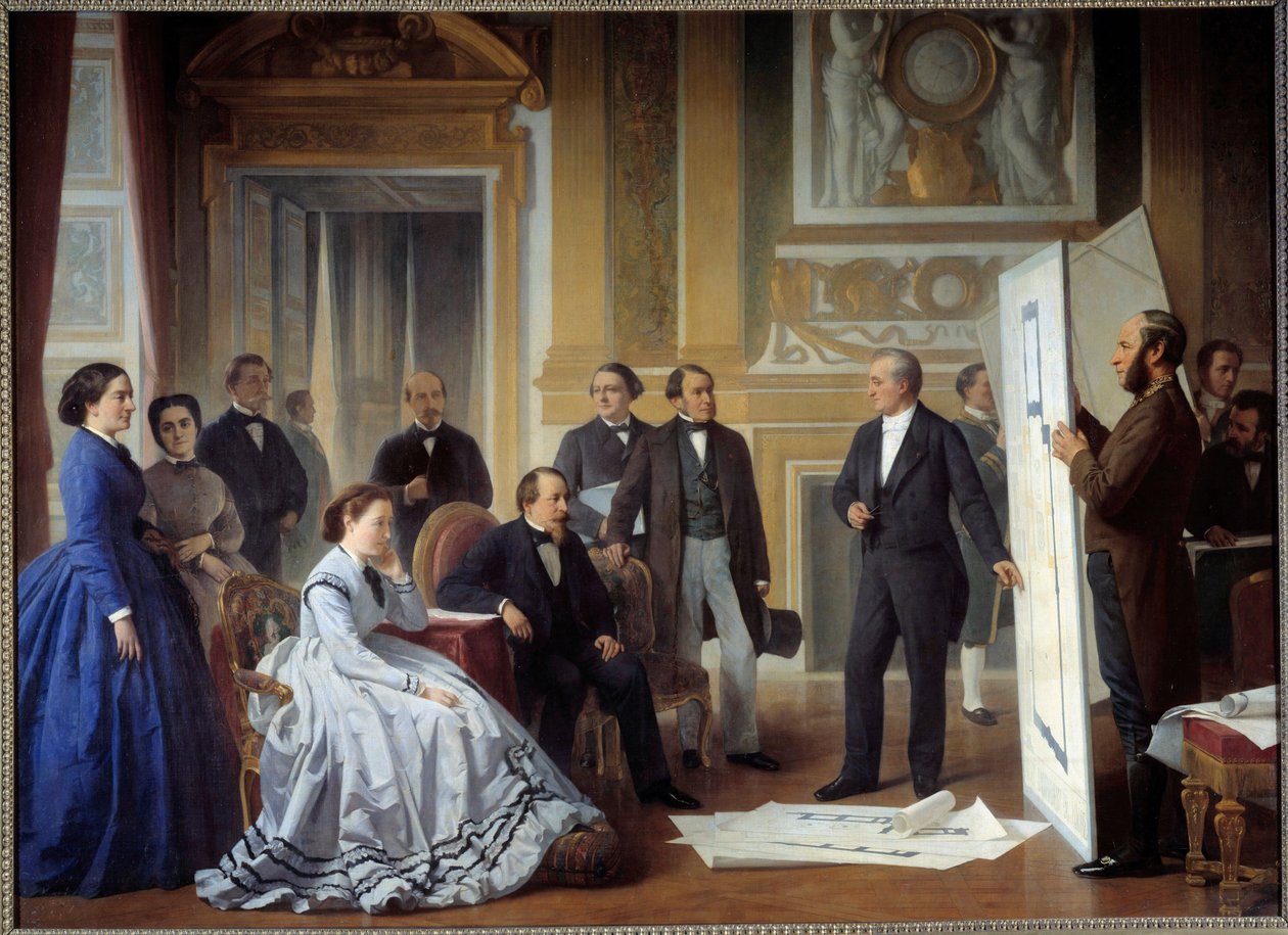O arquitecto Louis Visconti (1791-1853) apresenta a Napoleão III o plano da nova pintura do Louvre de Ange Tissier (1814-1876) 1865, óleo sobre tela de Jean Baptiste Ange Tissier