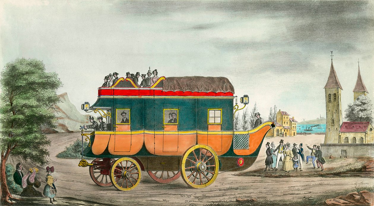 O carro (ou diligência) tem vapor: invenção francesa de 1835. Gravura de Ange Tissier (1814-1876). 1835. Coleção privada de Jean Baptiste Ange Tissier