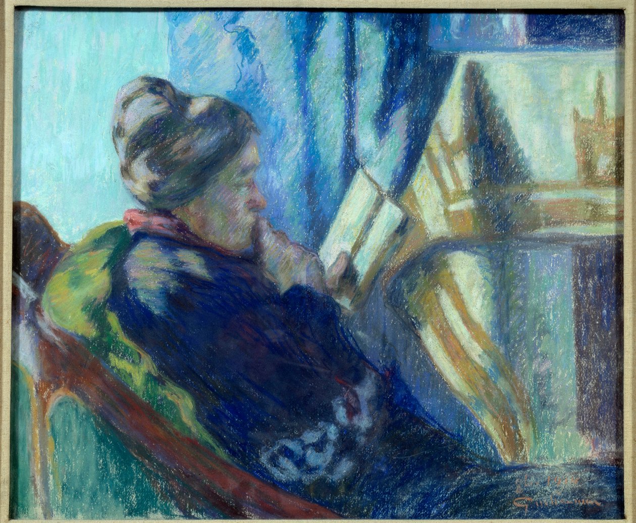 A ler um livro na cadeira de uma velhota. Pintura de Jean Baptiste Armand Guillaumin (1841-1927) Metz do século XIX, Musee des Beaux Arts de Jean Baptiste Armand Guillaumin