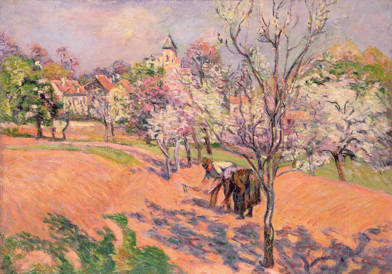 Dois camponeses semeando feijão em um pomar de Jean Baptiste Armand Guillaumin