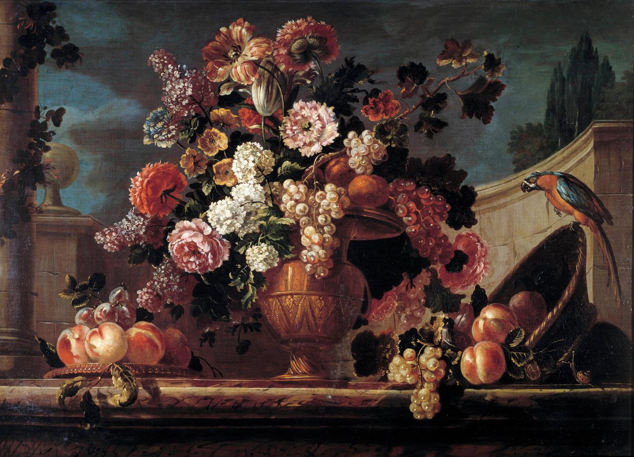 Flores, frutas e papagaios Pintura de Jean Blin (ou Blain ou Belin) de Fontenay (1653-1715) de Orleans do século XVIII. Museu de Belas Artes de Jean Baptiste Belin de Fontenay