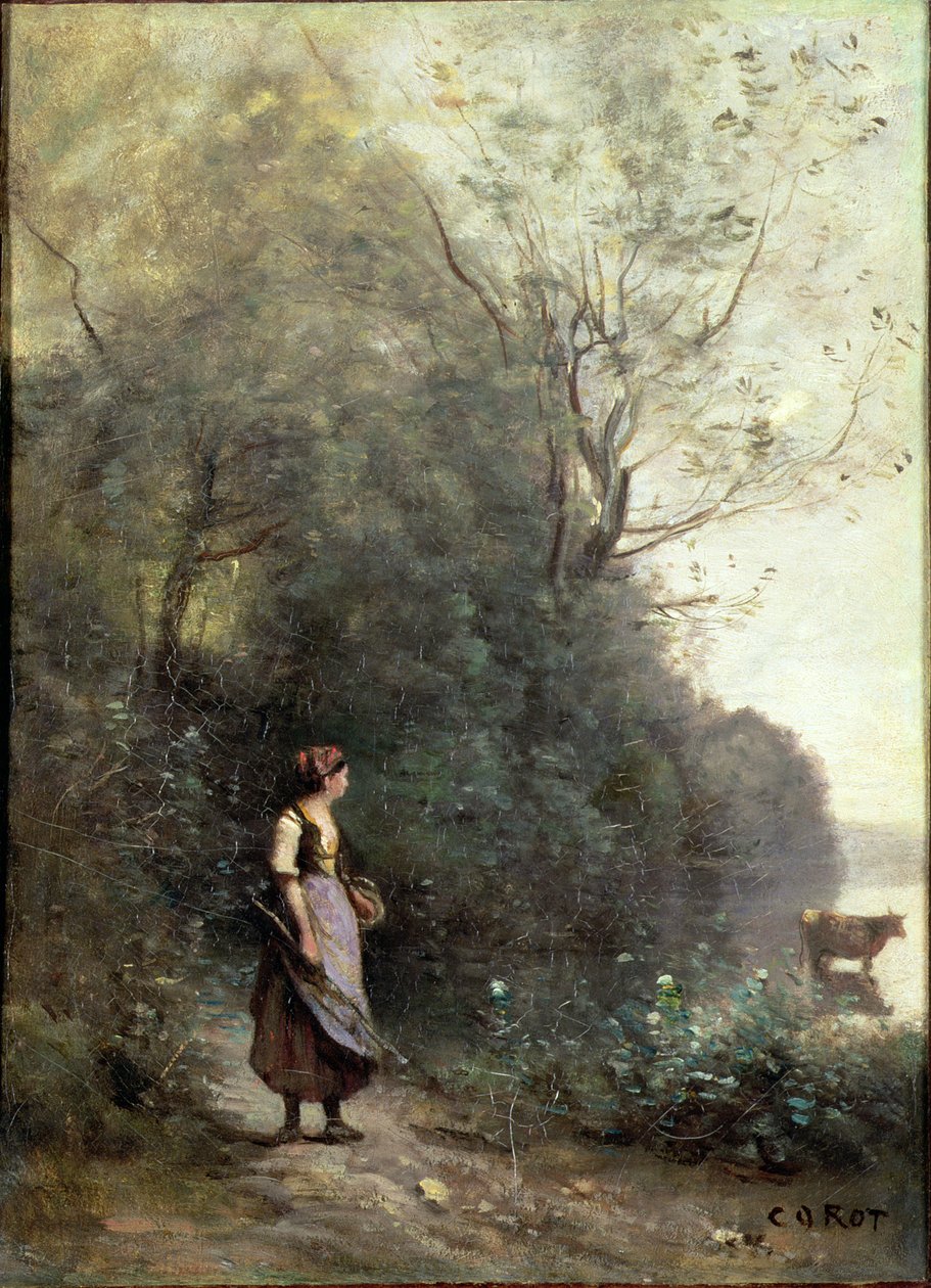 Uma camponesa pastando uma vaca na borda de uma floresta, c.1865-70 de Jean Baptiste Camille Corot