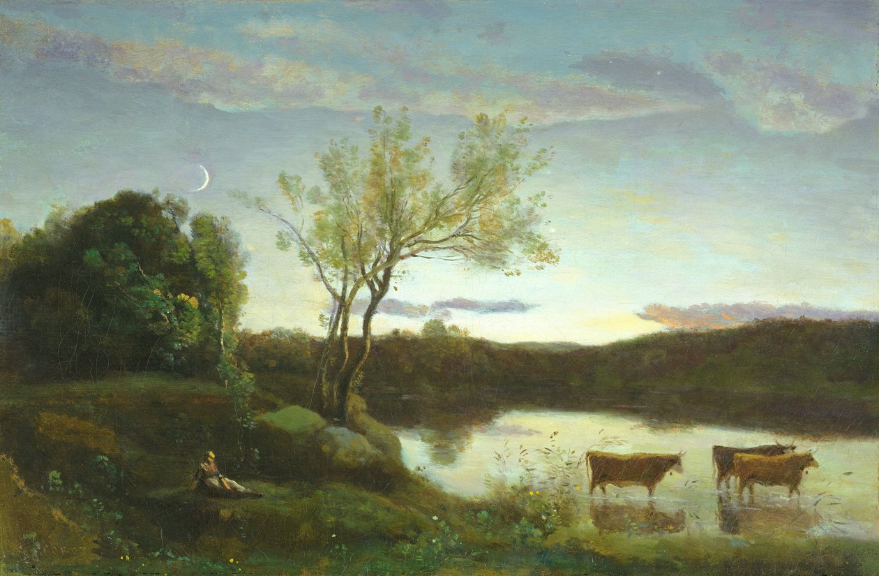 Uma lagoa com três vacas e uma lua crescente, c.1850 de Jean Baptiste Camille Corot