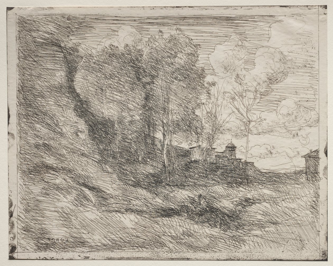Uma lembrança de Ostia, impressão original 1855, impressa em 1921. de Jean Baptiste Camille Corot