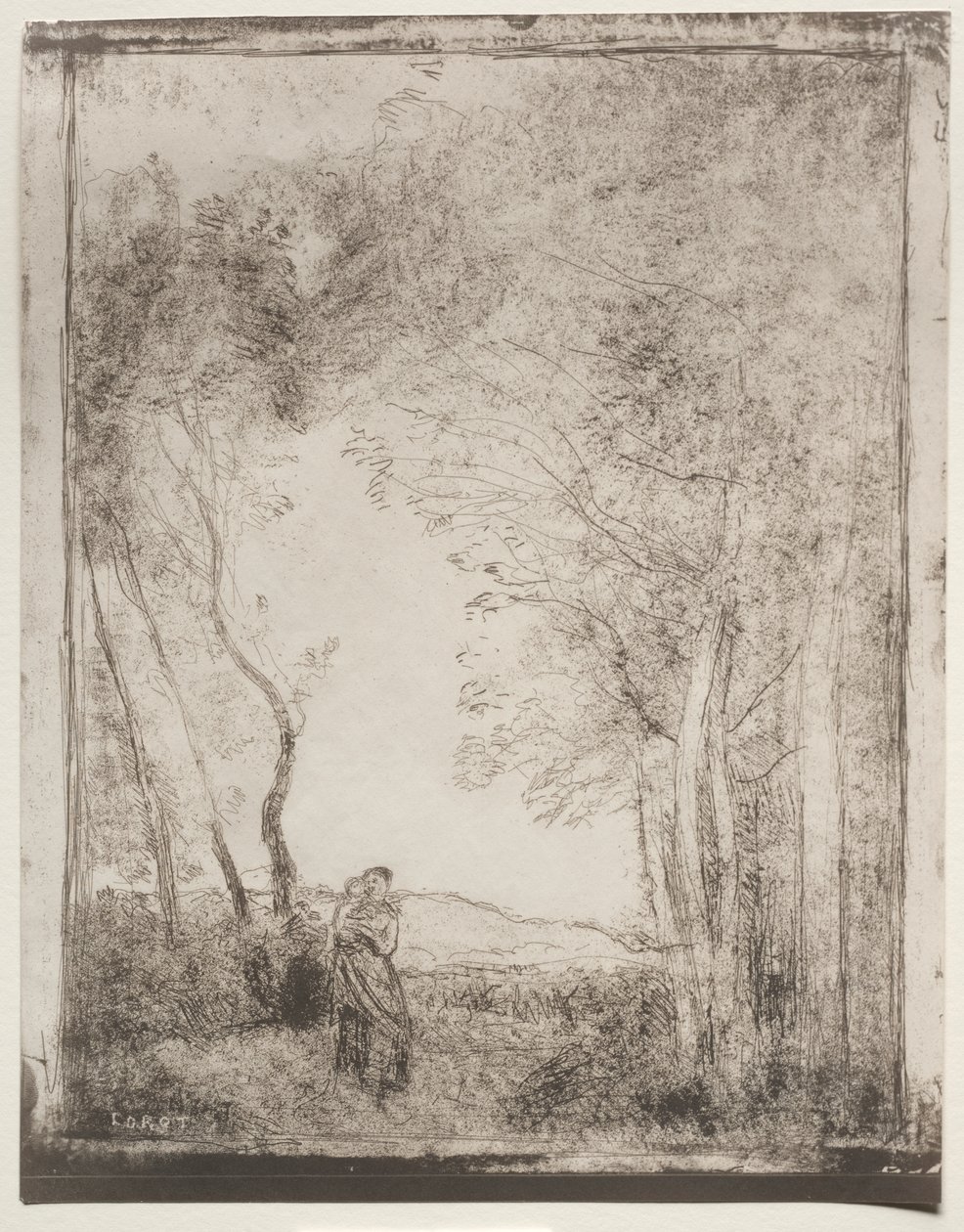 Uma jovem mãe na entrada de um bosque de Jean Baptiste Camille Corot