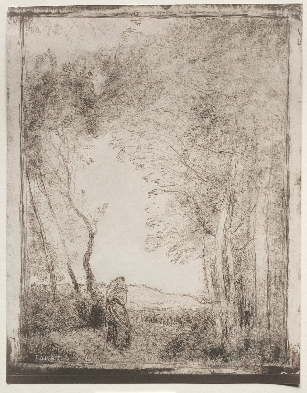 Uma jovem mãe na entrada de uma madeira, impressão original 1856, impressa em 1921. de Jean Baptiste Camille Corot