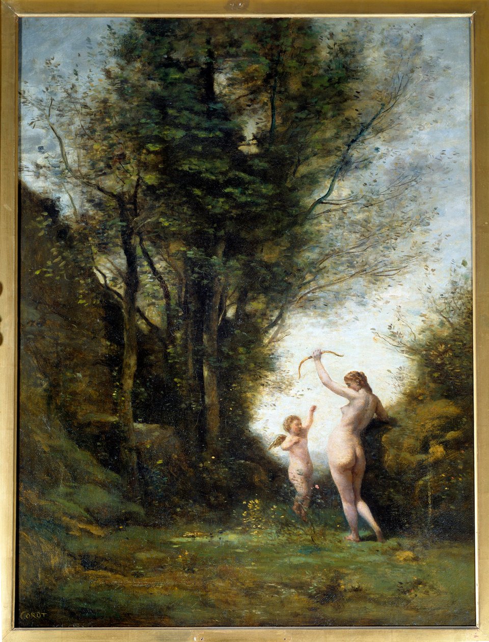 Uma ninfa a brincar com um amor. Pintura de Camille Corot (1796-1875) de Jean Baptiste Camille Corot