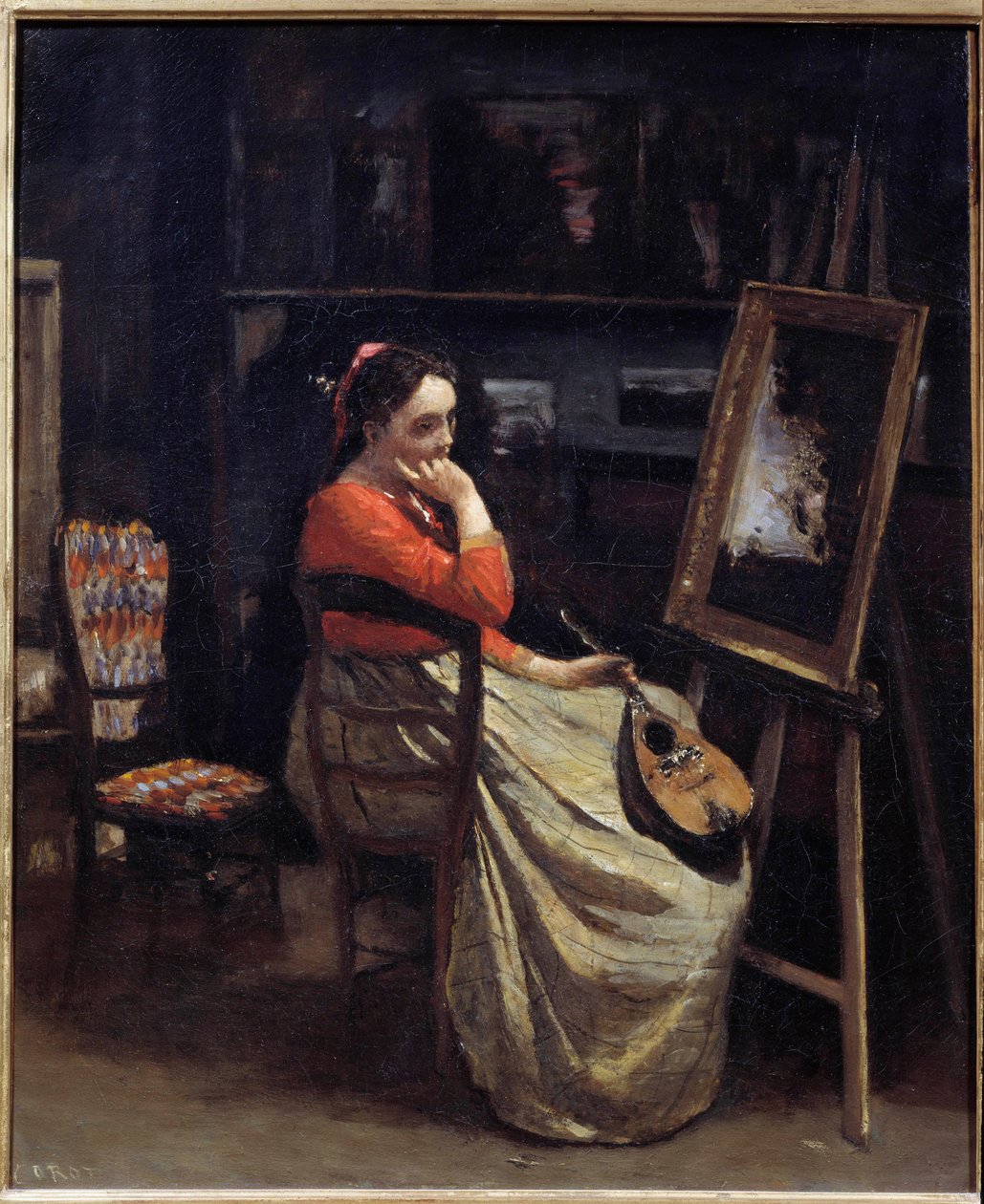 Uma jovem pensiva, um bandolim na mão, no estúdio do pintor Pintura de Camille Corot (1796-1875) 1865 Sun. 0,56x0,46 m Paris, Musee d