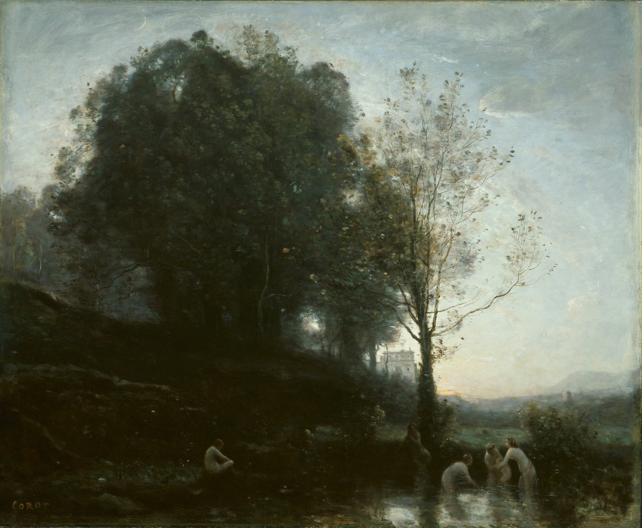 Ninfas de banho e criança de Jean Baptiste Camille Corot