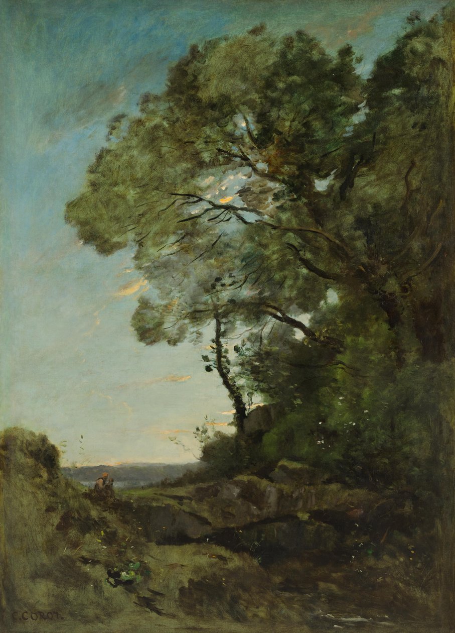 Paisagem de árvores (noite) de Jean Baptiste Camille Corot