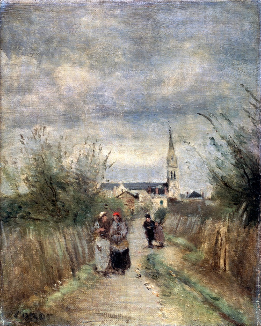 Torre do sino na estrada de Argenteuil para a igreja, década de 1870. de Jean Baptiste Camille Corot