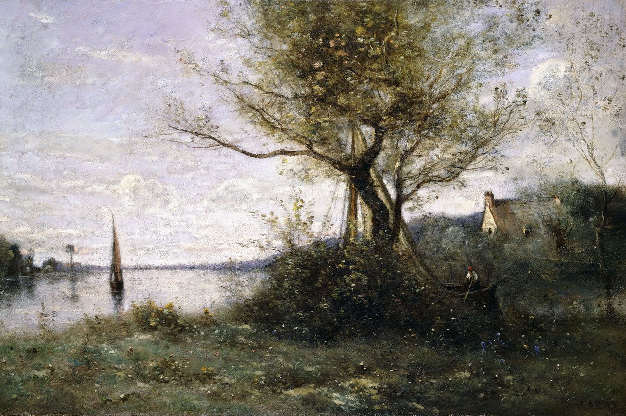Barco à beira da ilha, de Jean Baptiste Camille Corot