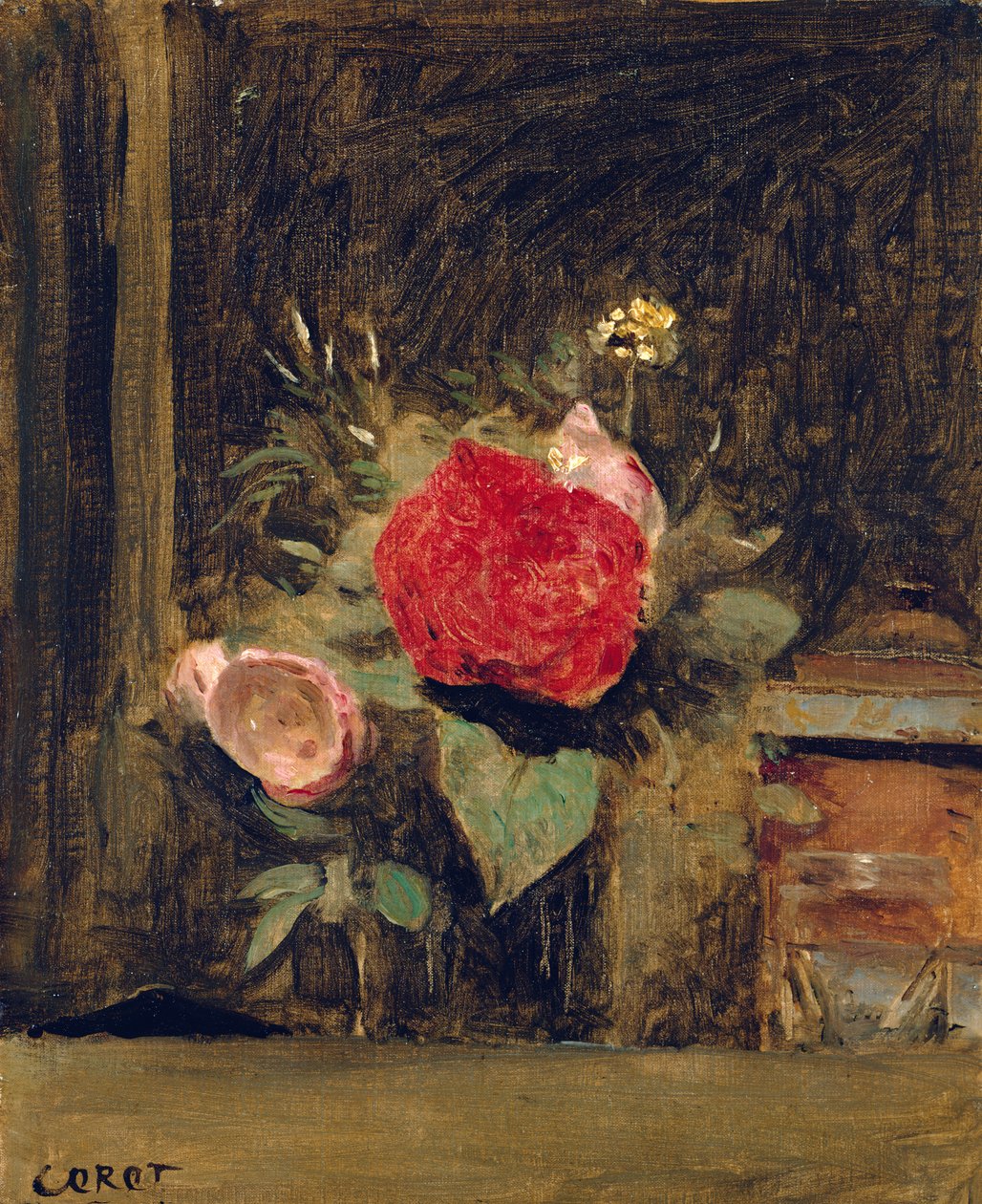 Buquê de flores em um copo ao lado de uma panela de tabaco, c.1873-74 de Jean Baptiste Camille Corot