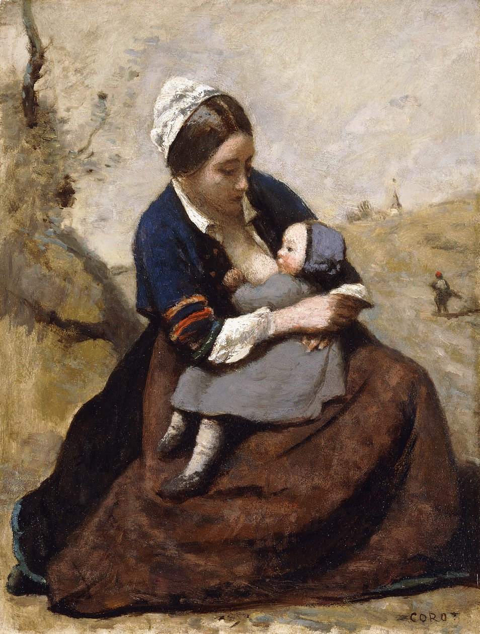 Bretão amamentando seu filho; Bretonne amamentando seu filho, 1855-1860 de Jean Baptiste Camille Corot