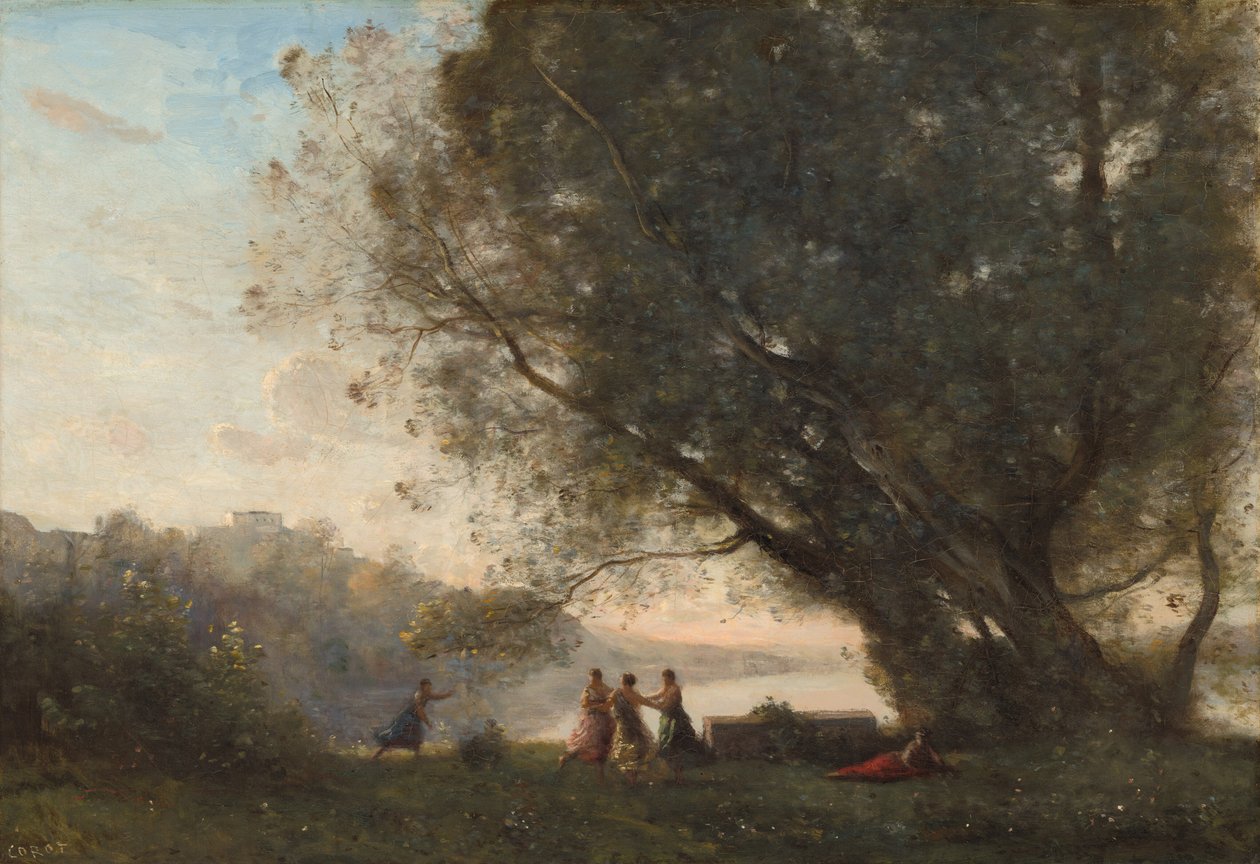 Dance sob as árvores à beira do lago de Jean Baptiste Camille Corot
