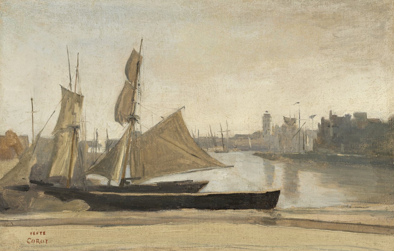 Dunkerque, barcos de pesca amarrados ao cais, c.1830 de Jean Baptiste Camille Corot