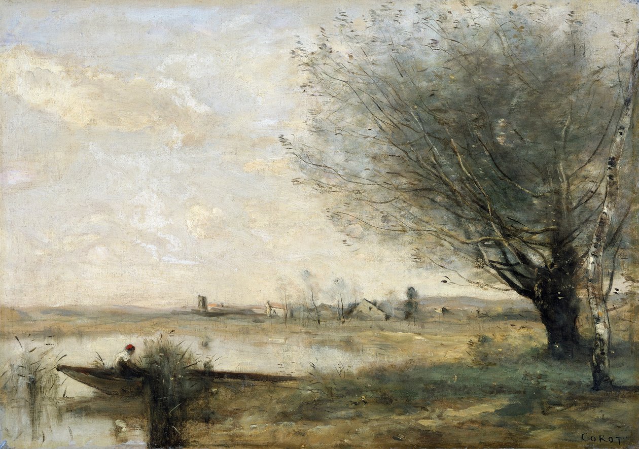 "Pescador atracado num banco", 1865-70.   de Jean Baptiste Camille Corot