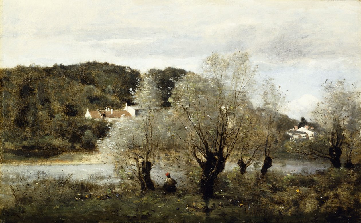 Pescador à beira de um lago na vila de Avary; Pecheur au Bord de L "Etang a Ville d" Avray, c.1850-55 de Jean Baptiste Camille Corot