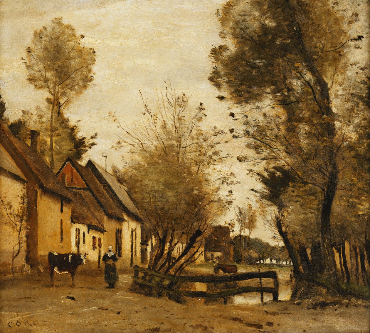 Flesselles, Rua com Camponês e Vaca; Flesselles, uma rua com uma camponesa e sua vaca, c.1862-1865 de Jean Baptiste Camille Corot