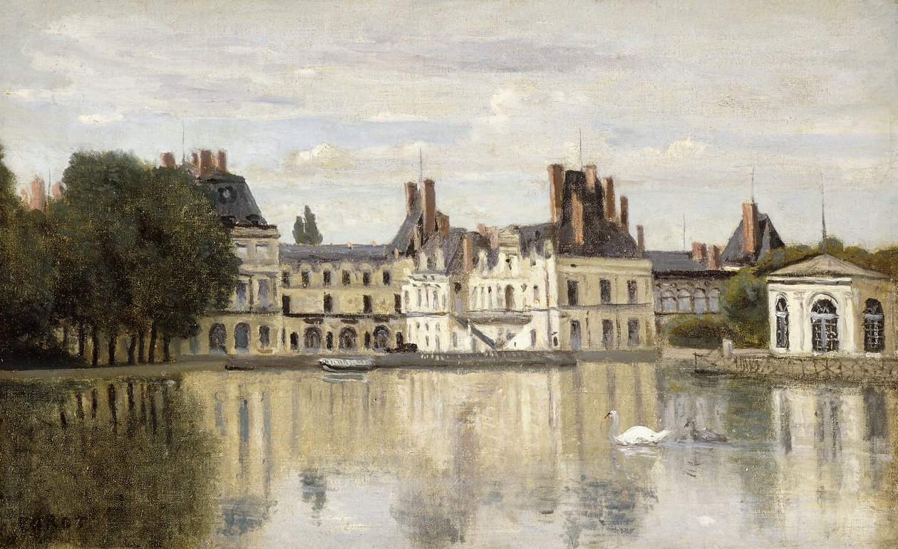 Fontainebleau - vista do castelo e do lago; Fontainebleau - o castelo visto do pedaço de água, de Jean Baptiste Camille Corot