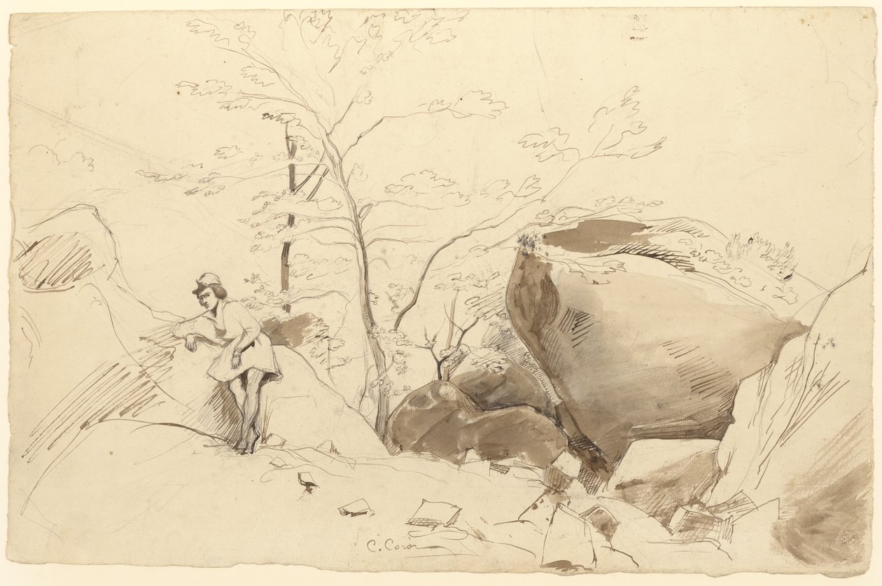 Fontainebleau, Figura encostada a uma rocha de Jean Baptiste Camille Corot