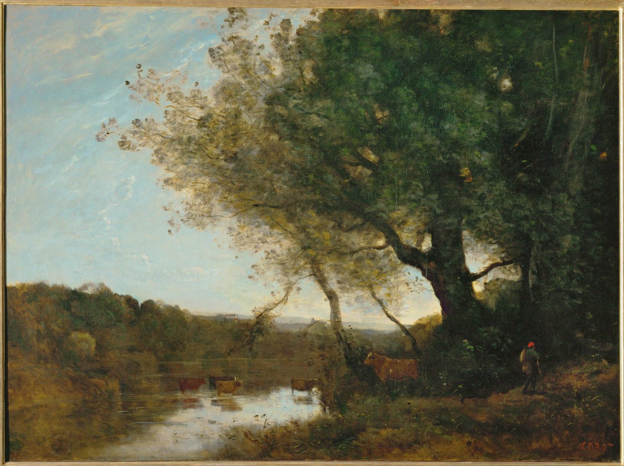 Passear num rio ao fim da tarde de Jean Baptiste Camille Corot