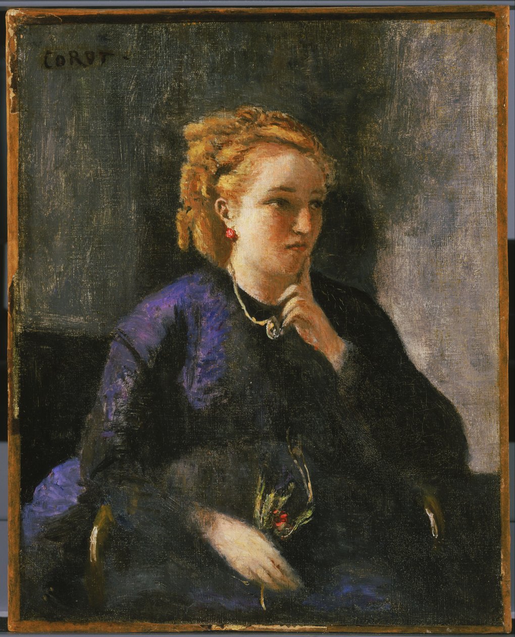 Francês:  Portrait de femme Portrait of a Woman" (Retrato de mulher Retrato de uma mulher) de Jean Baptiste Camille Corot
