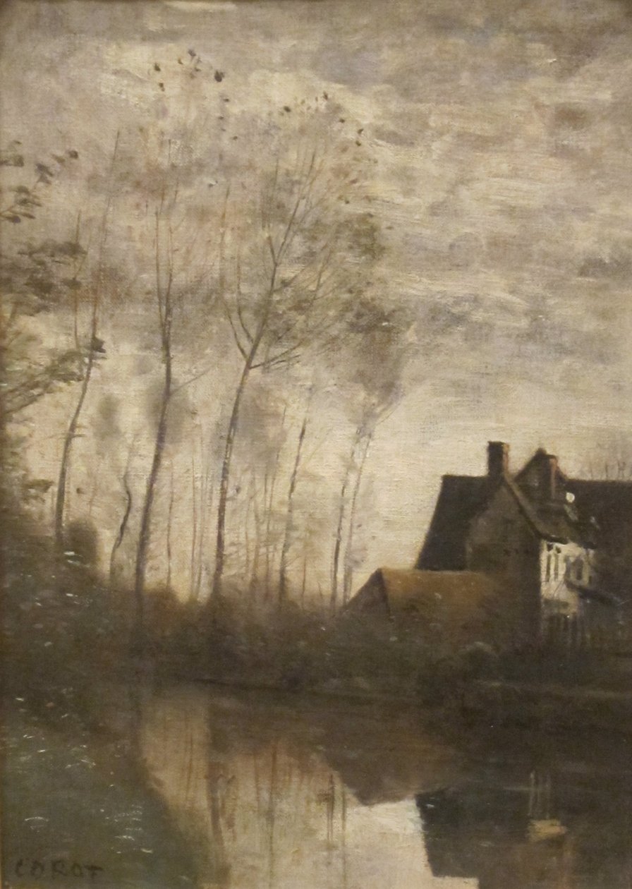 Francês: Scène de rivière avec maisons et peupliers Uma cena de rio com casas e choupos de Jean Baptiste Camille Corot