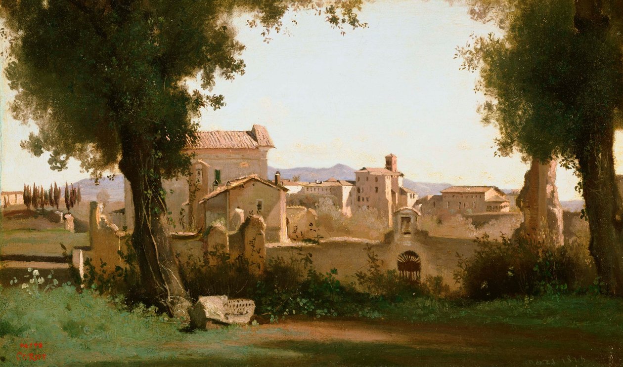 Francês:  Vue depuis les Jardins Farnèse Vista dos Jardins Farnese, Roma de Jean Baptiste Camille Corot