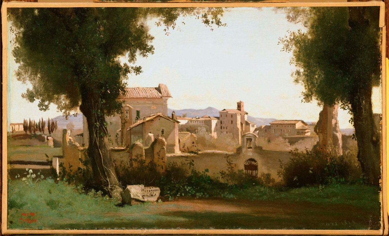 Francês:  Vue depuis les Jardins Farnèse Vista dos Jardins Farnese, Roma de Jean Baptiste Camille Corot