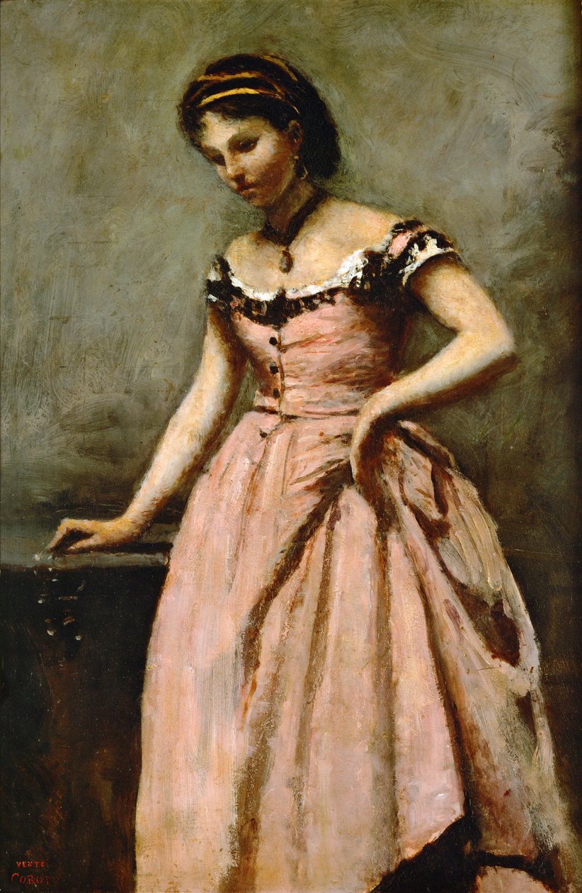 Rapariga de vestido cor-de-rosa com rosas e uma pérola ... de Jean Baptiste Camille Corot