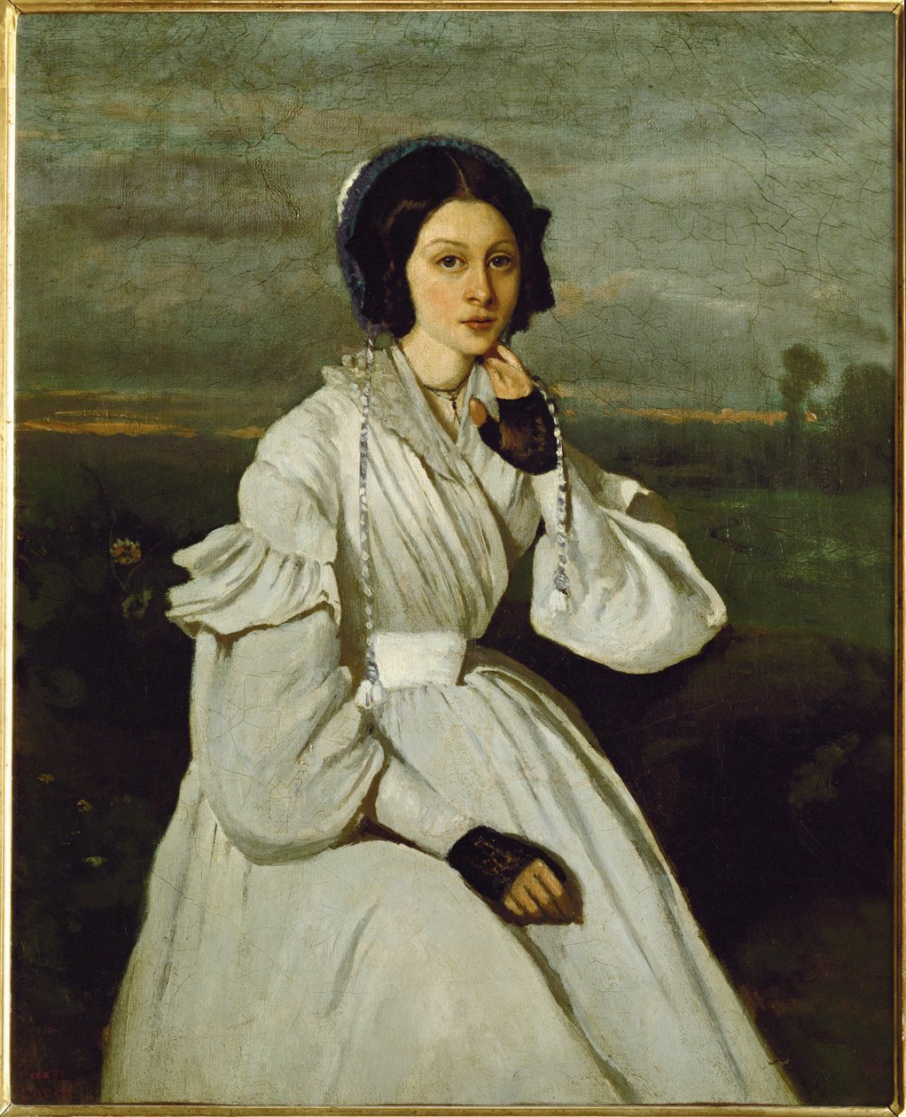 Rapariga de vestido branco numa paisagem ... de Jean Baptiste Camille Corot