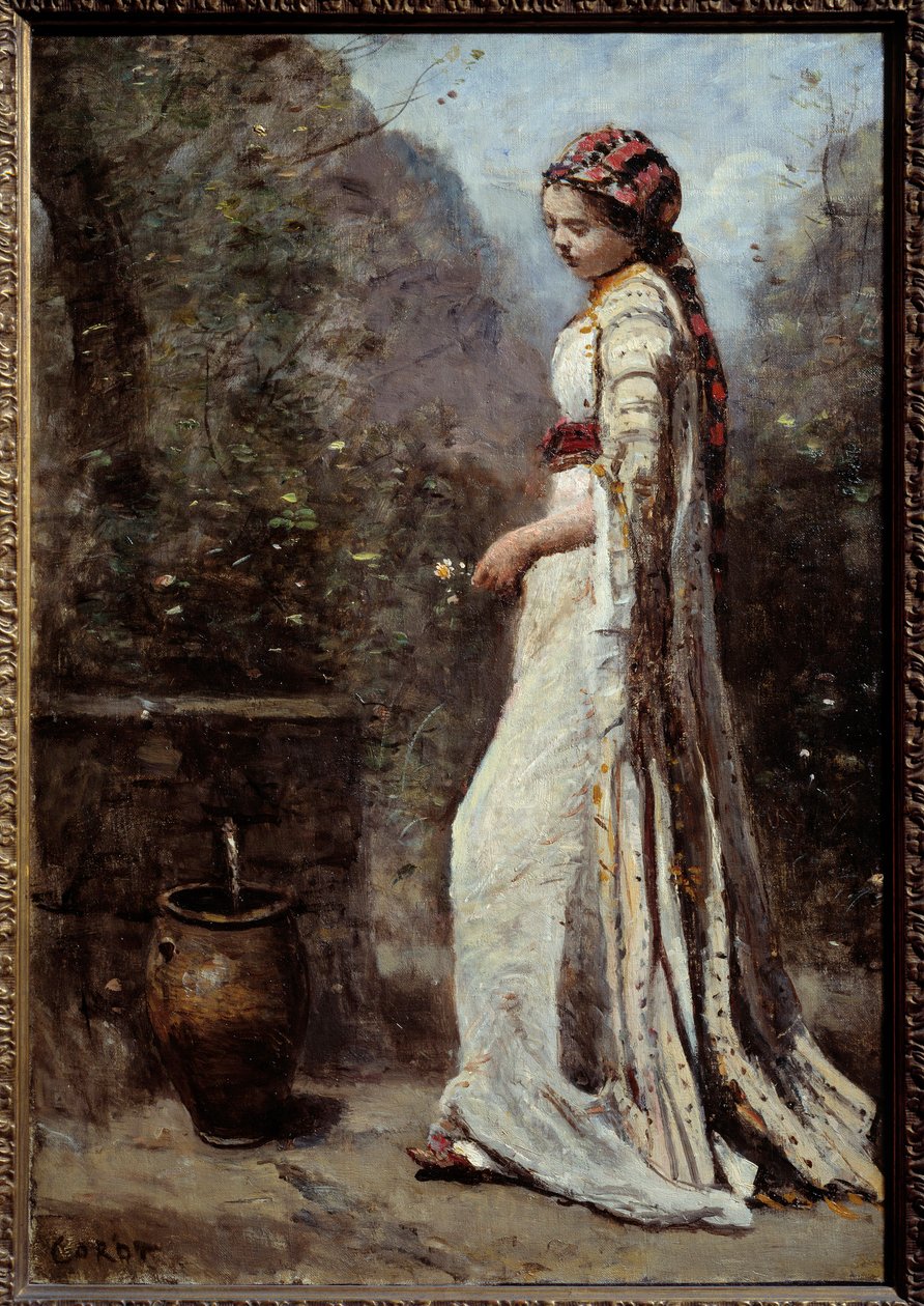 A rapariga grega tem a fonte. Pintura de Camille Corot (1796-1875) de Jean Baptiste Camille Corot