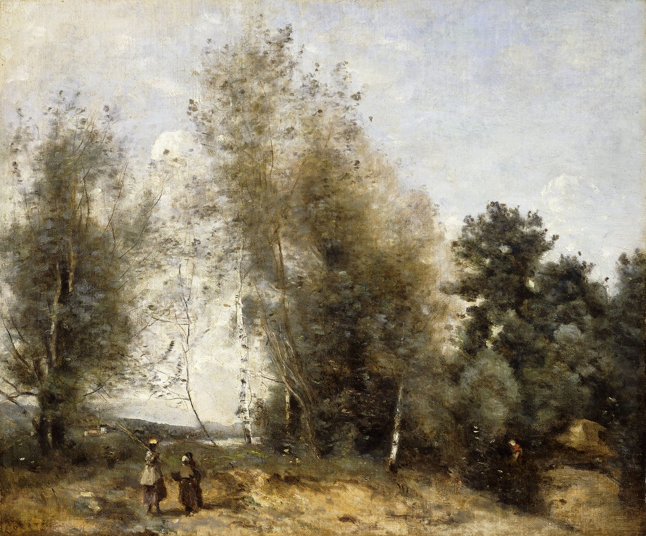 Grupo de árvores à beira de um lago com três camponeses; Grupo de árvores à beira de uma lagoa, com três camponesas, c.1865-1870 de Jean Baptiste Camille Corot