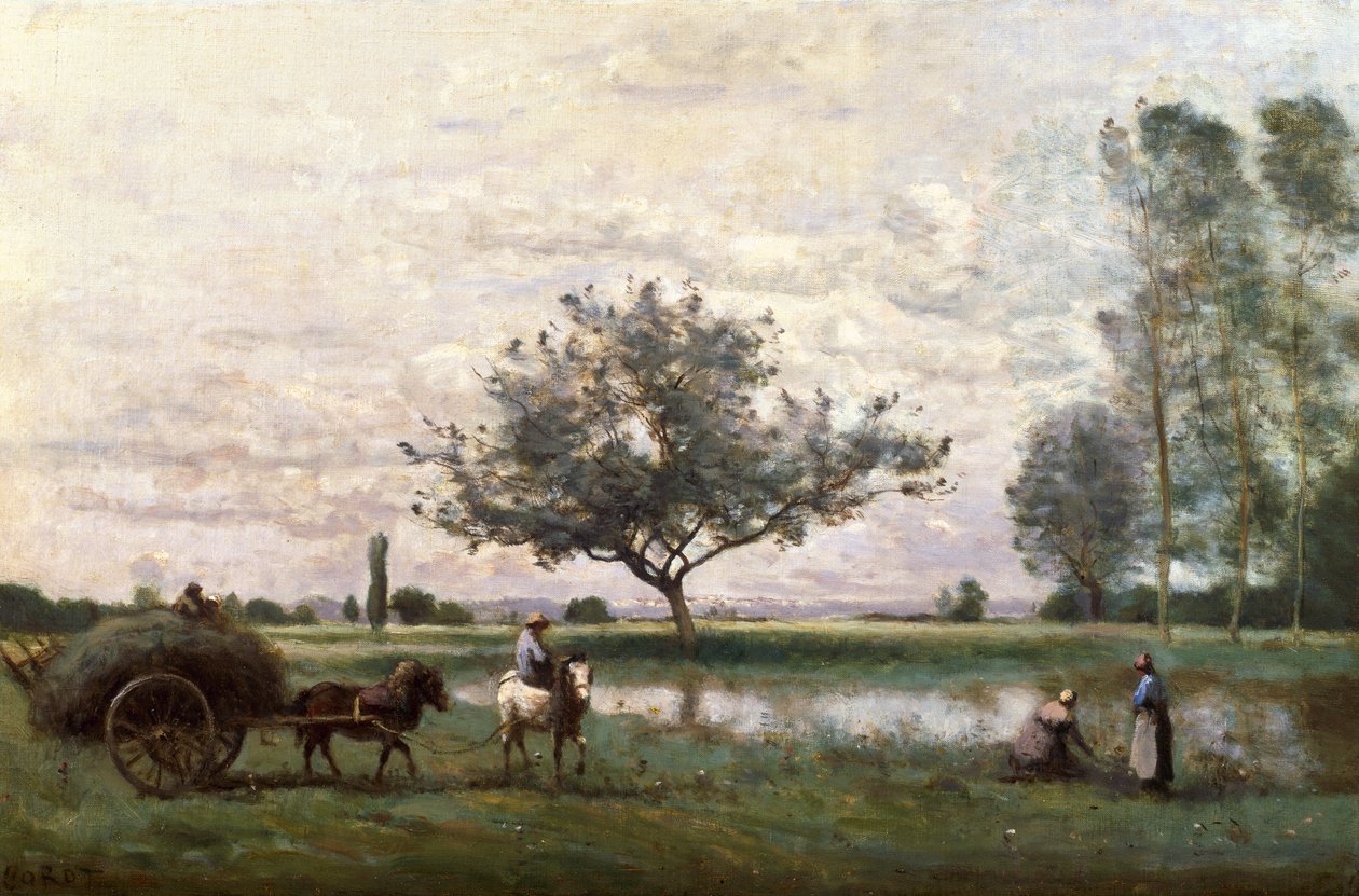 Haycart ao lado de um rio de Jean Baptiste Camille Corot