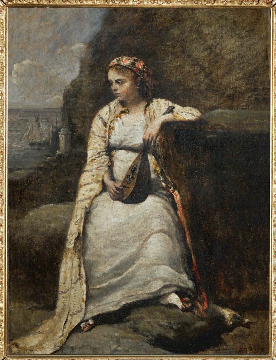 Haydee, jeune femme en costume grec - jovem mulher em traje grego, talvez a heroína de "Don Juan" de Byron ... de Jean Baptiste Camille Corot