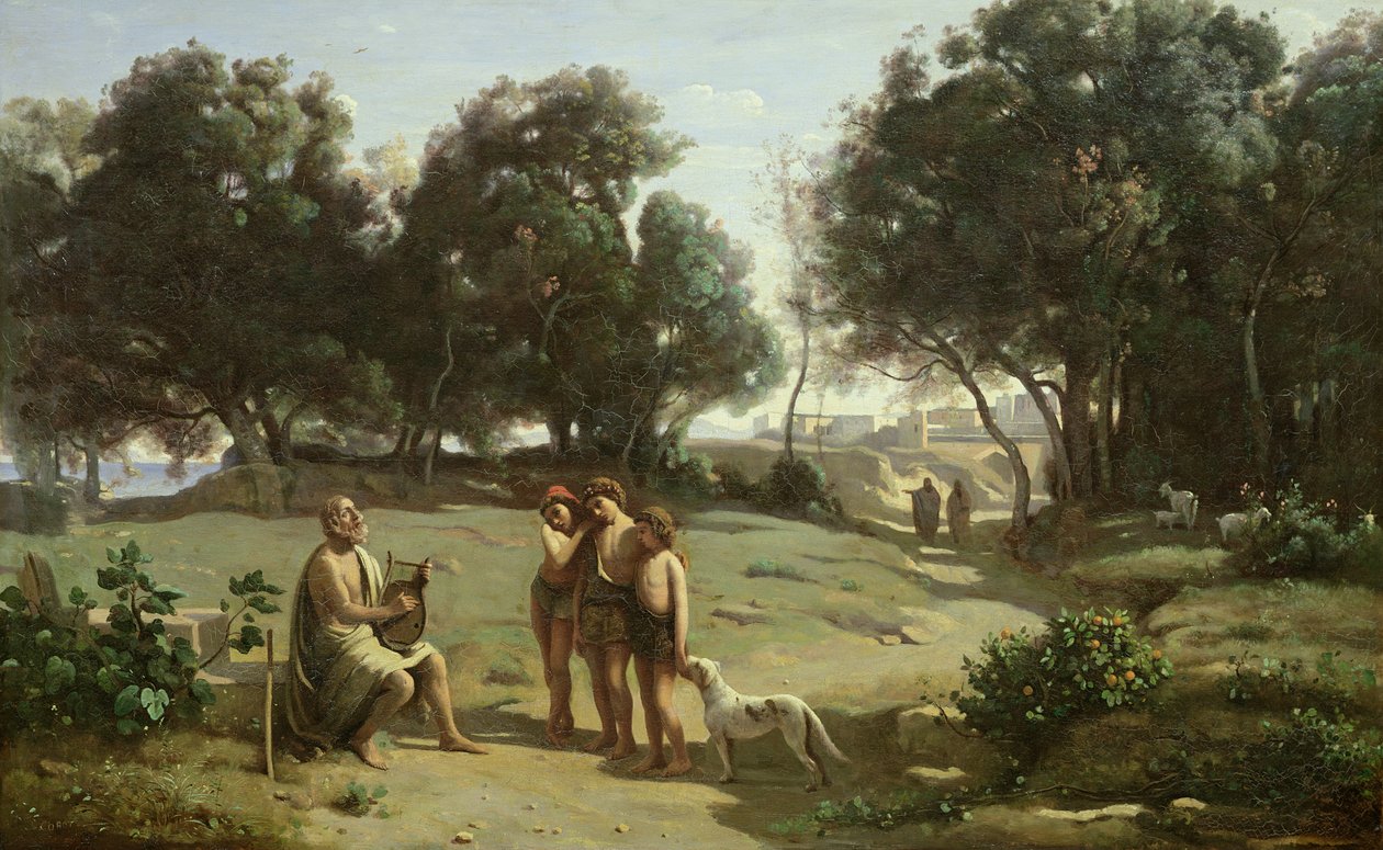 Homero e os pastores em uma paisagem, 1845 de Jean Baptiste Camille Corot