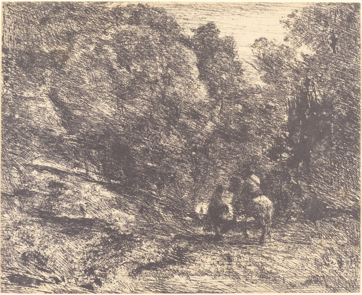 Cavaleiro e vagabundo na floresta O Cavaleiro na Floresta e o Pedestre, 1854. de Jean Baptiste Camille Corot