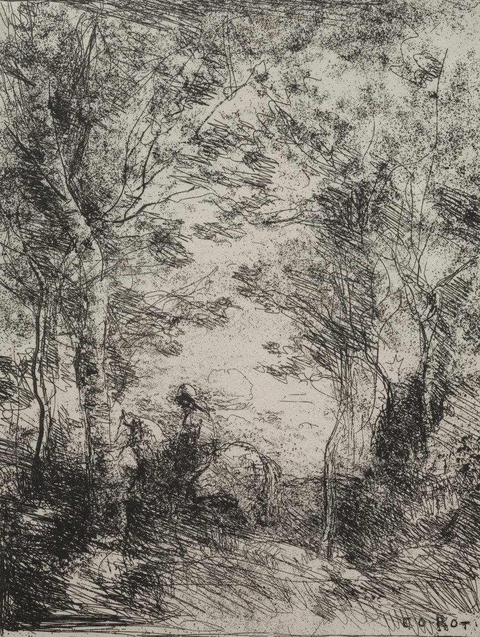 Horseman in the Woods, impressão original 1854, impressa em 1921. de Jean Baptiste Camille Corot