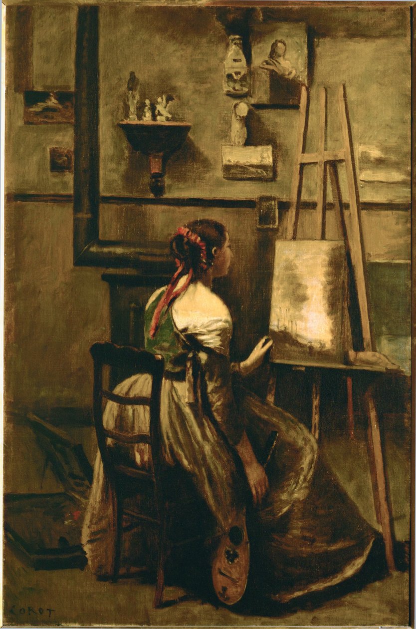 Atelier de Corot - jovem mulher sentada em frente a um cavalete ... de Jean Baptiste Camille Corot