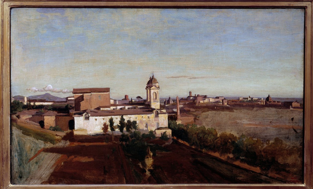 La Trinite des Monts vista da Villa Medicis Vista da igreja de Trinita dei Monti em Roma. Pintura de Camille Corot (1796-1875) Sol do século XIX. 0,45x0,74 m de Jean Baptiste Camille Corot